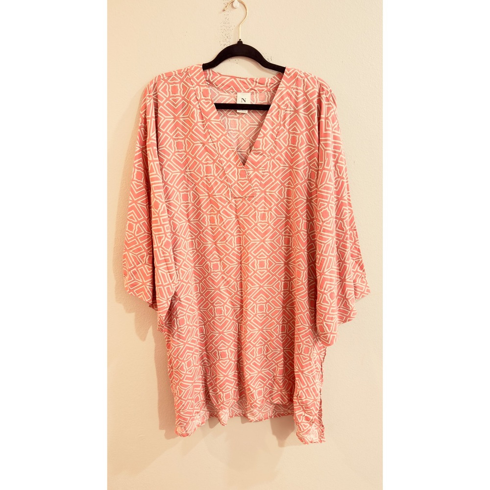 Natori Women's Coral Geometric Print Kaftan Tunic Top Dress Size L 100%‎ Rayon